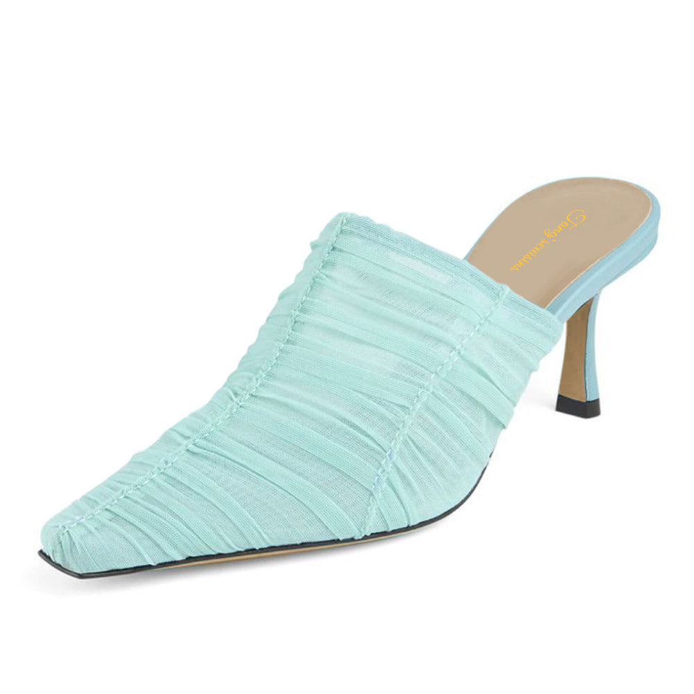 Women's Pale Turquoise Tulle Pointed Toe Casual Stiletto Heeled Mules