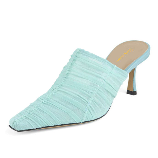 Women's Pale Turquoise Tulle Pointed Toe Casual Stiletto Heeled Mules