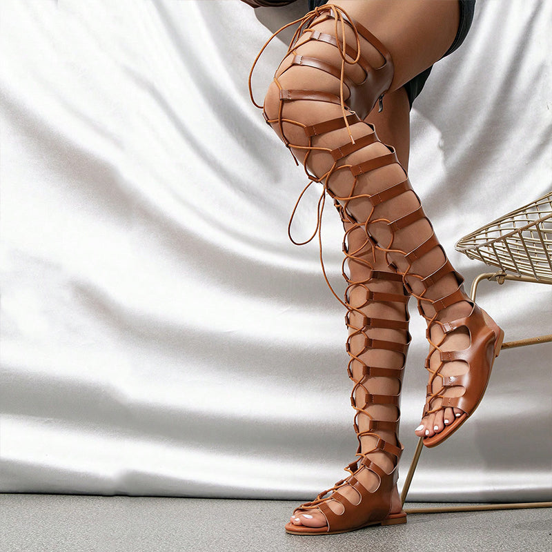 Brown Open Toe Lace-Up Thigh Flats Gladiator Sandals with Zip