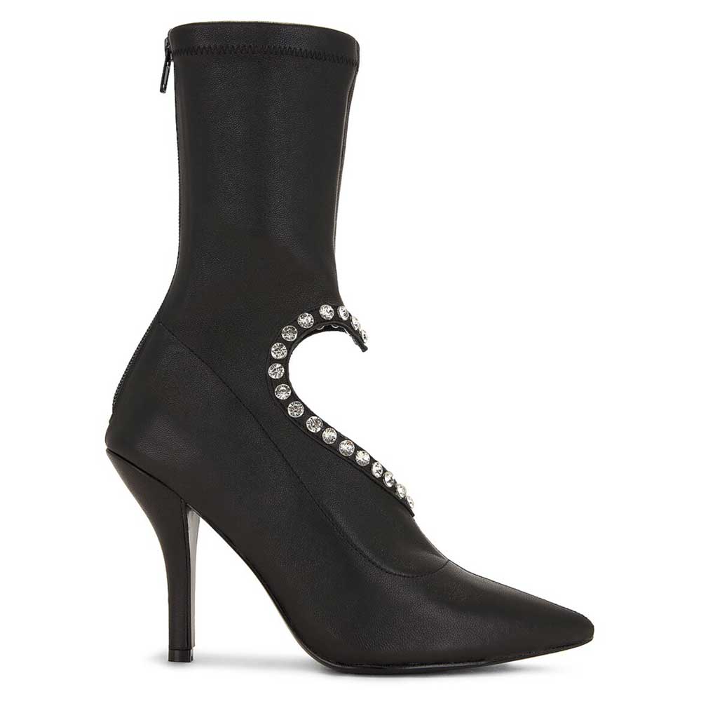 Black Women's Rhinestone Heart-Shaped Cutout Mid Calf Boots