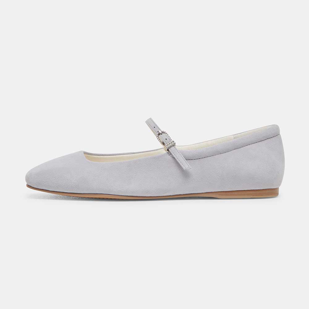FSJ Gray Vegan Suede Square Toe Casual Flats with Buckle Strap