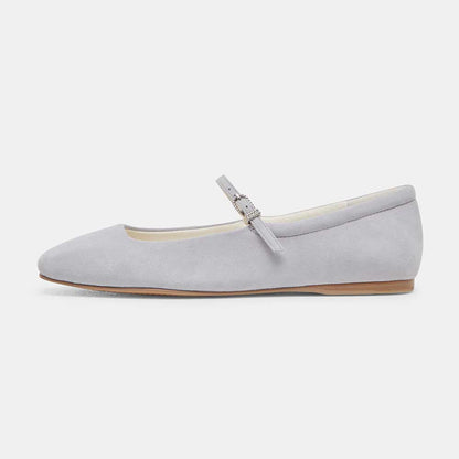 FSJ Gray Vegan Suede Square Toe Casual Flats with Buckle Strap