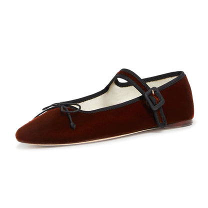 Brown Slip-On Velvet Round Toe Bow Tie Buckle Strap Mary Jane Flats