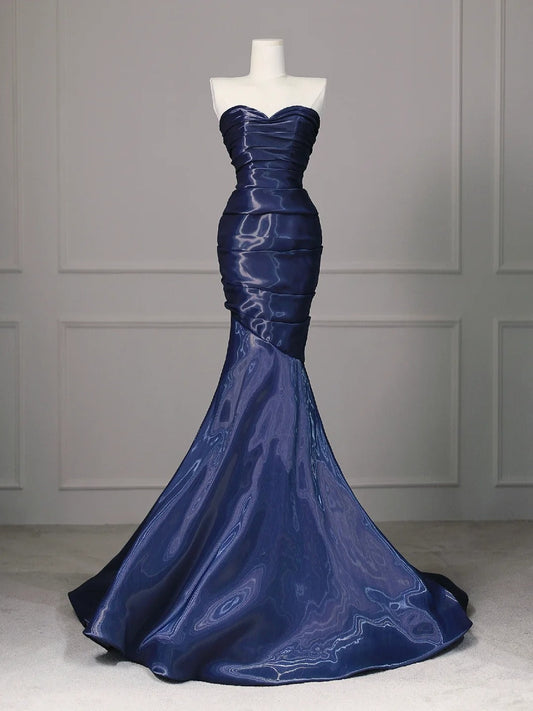 Elegant Navy Blue Mermaid Strapless Pleated Satin Long Prom Dress Evening Dress P4078