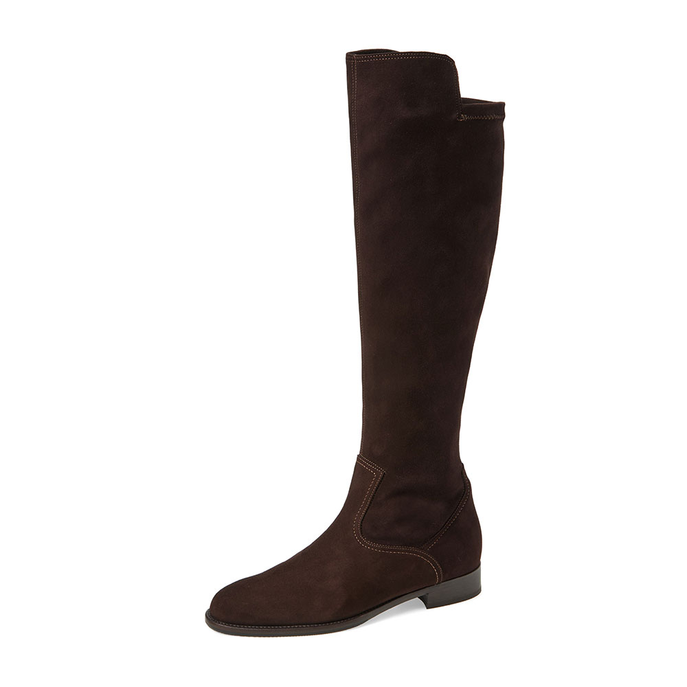 Classic Dark Brown Vegan Suede Round Toe Flat Knee High Boots