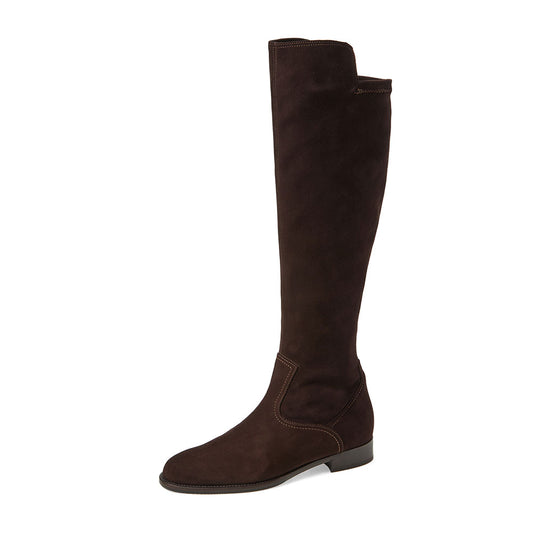 Classic Dark Brown Vegan Suede Round Toe Flat Knee High Boots