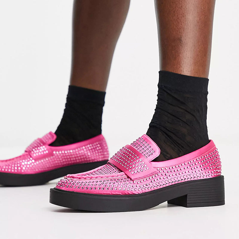 Pink Satin Round Toe Rhinestone Shoes Slip-on Chunky Loafers for Women