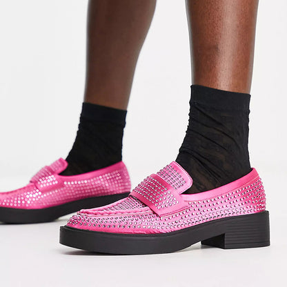 Pink Satin Round Toe Rhinestone Shoes Slip-on Chunky Loafers for Women
