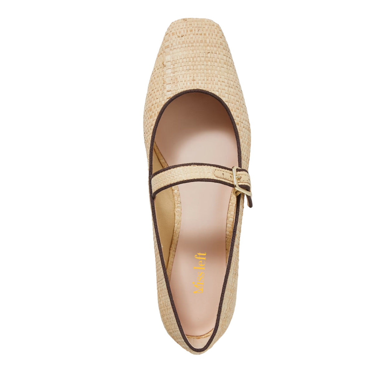 Beige Raffia Square Toe Mary Jane Flats with Buckled Strappy Design