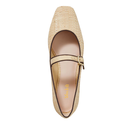 Beige Raffia Square Toe Mary Jane Flats with Buckled Strappy Design
