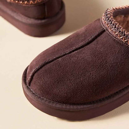 Dark Brown Comfy Vegan Suede Round Toe Fur Lining Flat Slippers