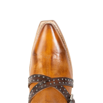 Yellow Vintage Buckle Straps Chunky Heel Western Boots for Women