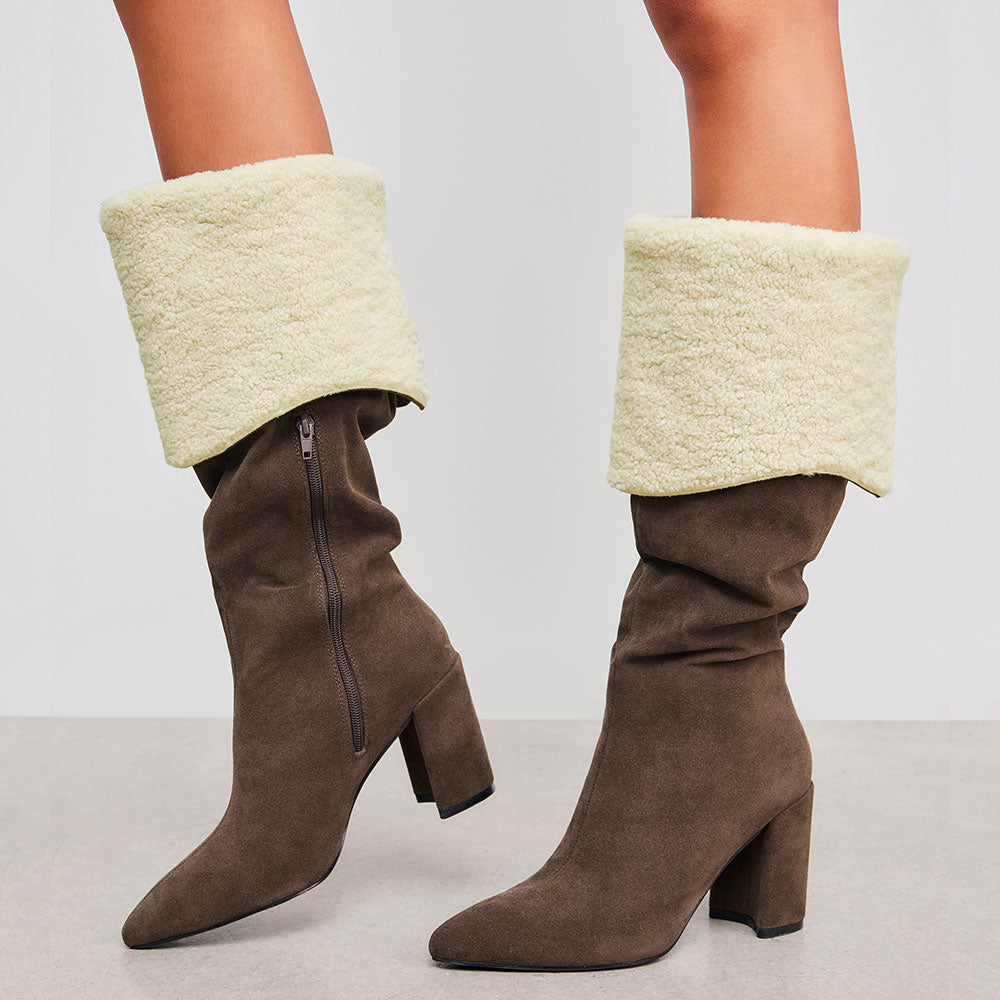 FSJ Brown Vegan Suede Almond Toe Fold Over Fuzzy Knee High Boots