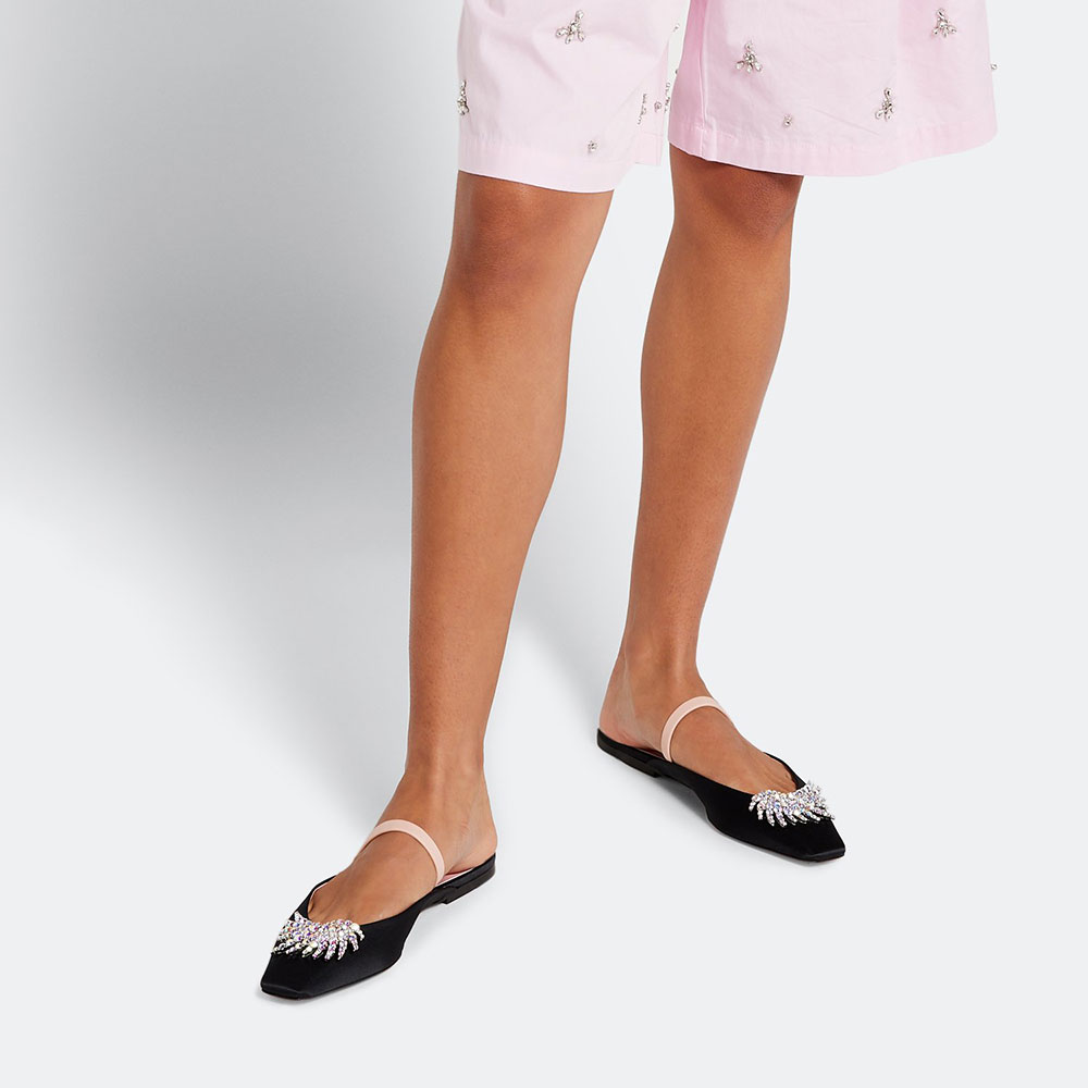 Black Satin Square Toe Rhinestone Embellished Mule Flats with Strap