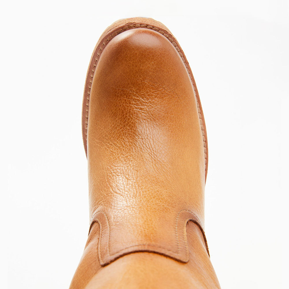 FSJ Classic Tan Round Toe Pull-On Stacked Heel Mid Calf Boots