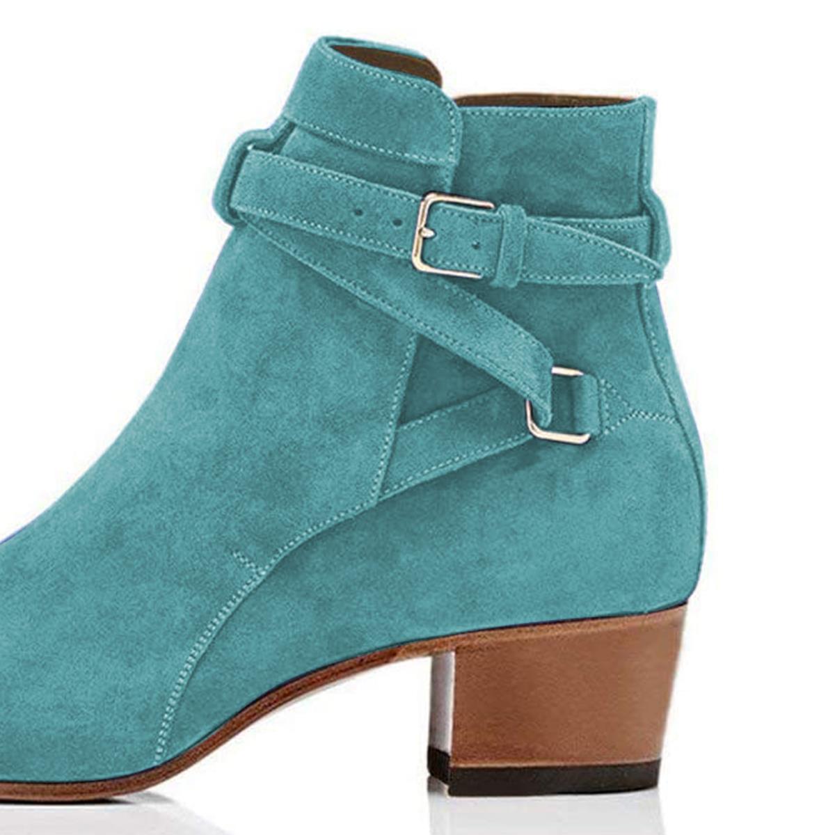 Women's Vegan Suede Closed-Toe Buckle Strap Chunky Heel Ankle Boots