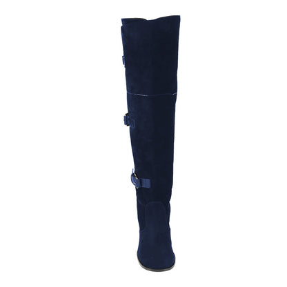 Navy Round Toe Chunky Heel Triple Buckle Straps Knee High Boots