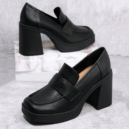 Black Vegan Leather Square Toe 3'' Chunky Heel Platform Loafers