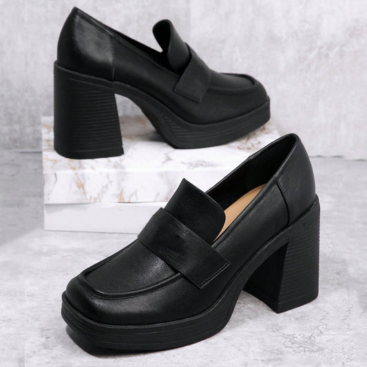 Black Vegan Leather Square Toe 3'' Chunky Heel Platform Loafers