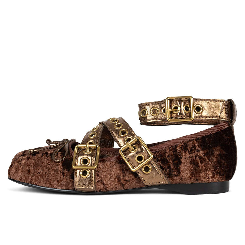 Brown Velvet Round Toe Buckle Strappy Ballet Flats with Bow