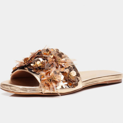 Gold Sequined Flats Women's Slide Sandals