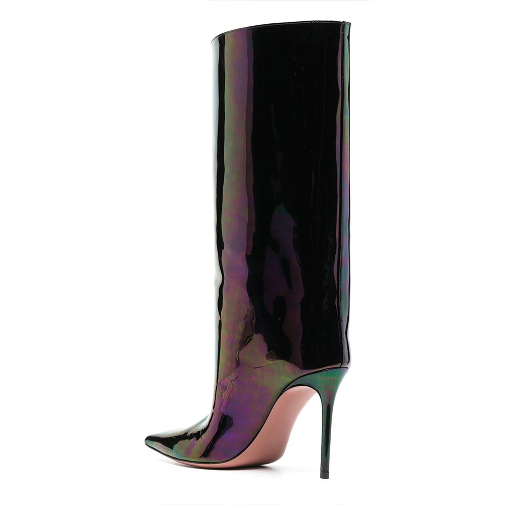 Black & Green Iridescent Patent Finish Stiletto Heel Knee High Boots