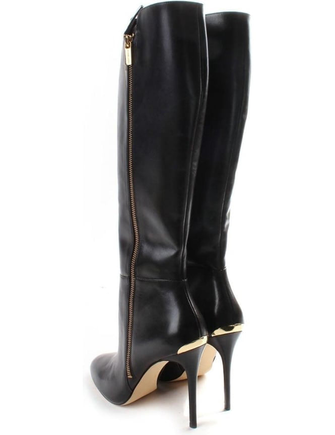 Black Almond Toe Side Zip Stiletto Heel Knee High Boots