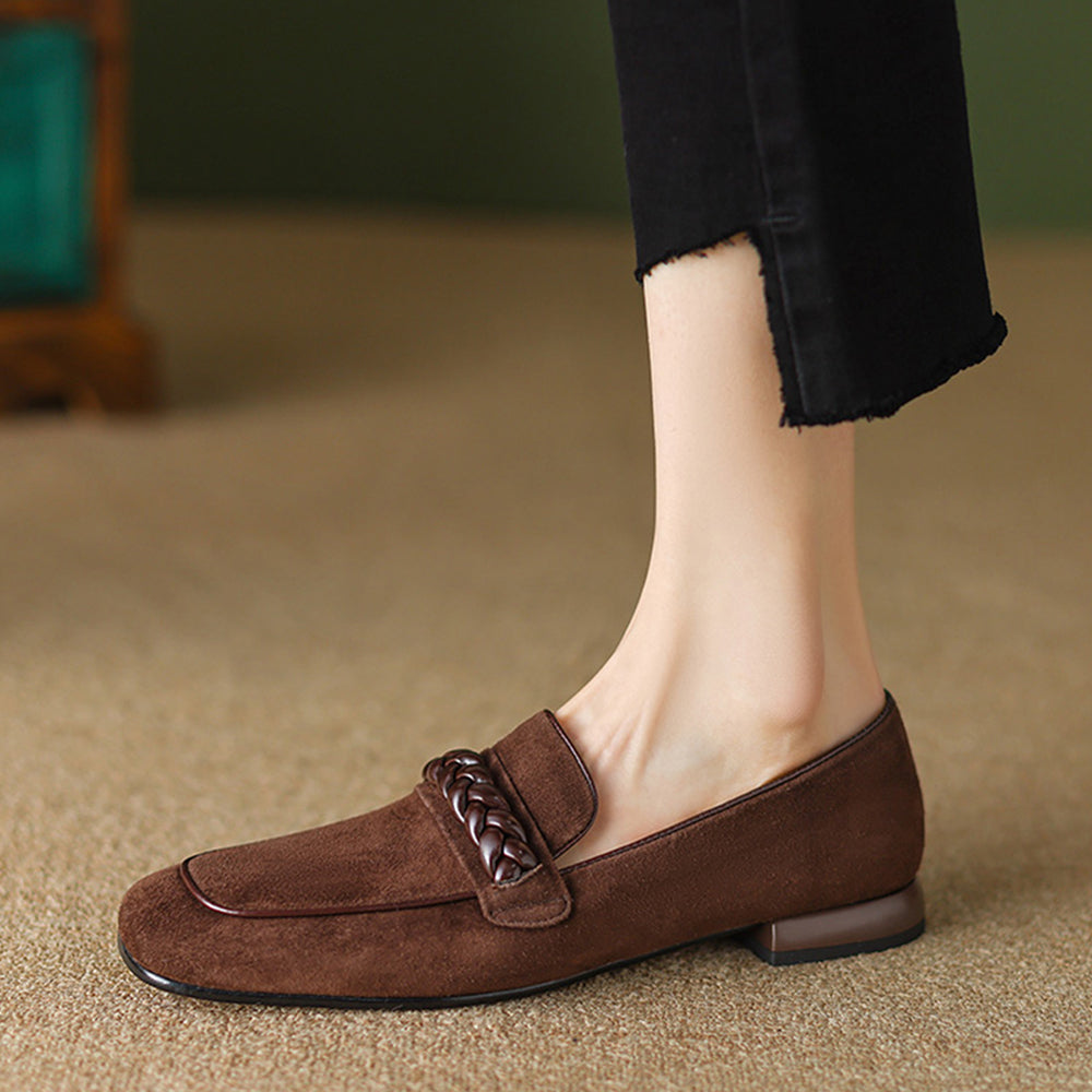 Brown Vegan Suede Square Toe Chunky Heel Chain Loafers
