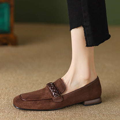 Brown Vegan Suede Square Toe Chunky Heel Chain Loafers