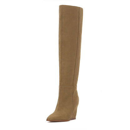 Women's Khaki Pointy Toe Wide Calf Knee High Boots with Wedge Heel