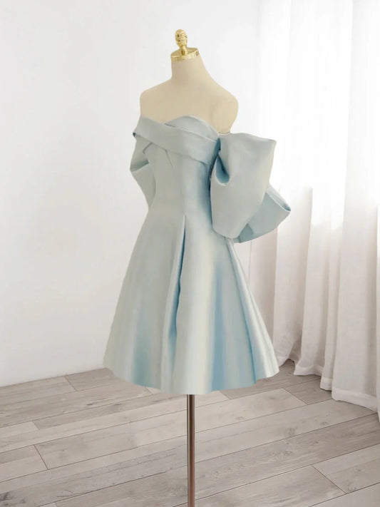 Vintage Light Blue Sweetheart Strapless Bow Design A-line Satin Party Dress Homecoming Dress TP4055