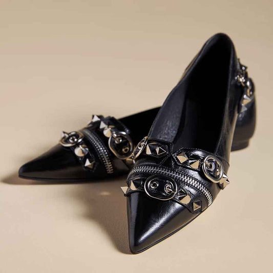 Women's Black Closed Toe Studded Flats with Buckle