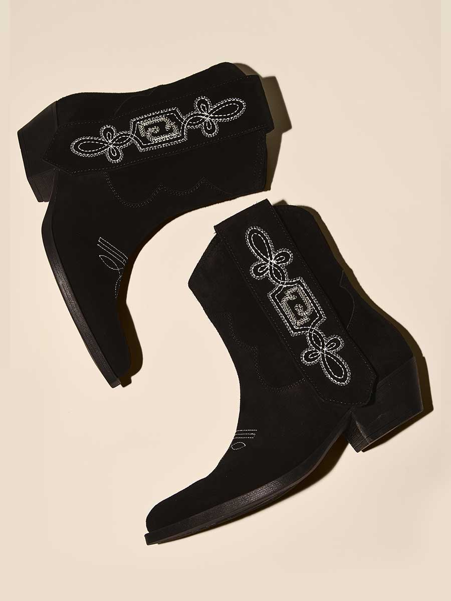 Black Vegan Suede Chunky Heel White Embroidered Cowgirl Ankle Boots