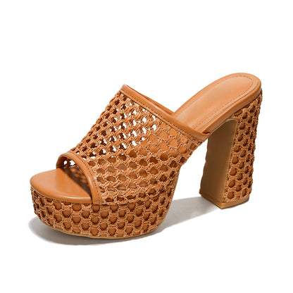 Brown Round Toe 4'' Chunky Heel Woven Wide Band Platform Mules