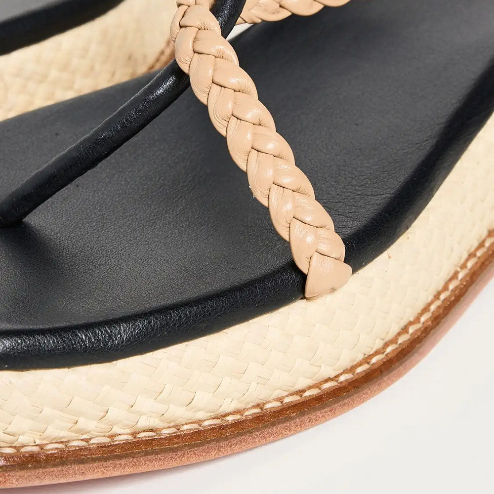 Black & Beige Woven Raffia Square Toe Platform Wedge Sandals for Women