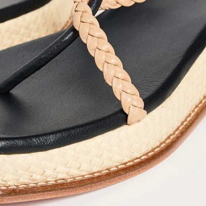 Black & Beige Woven Raffia Square Toe Platform Wedge Sandals for Women