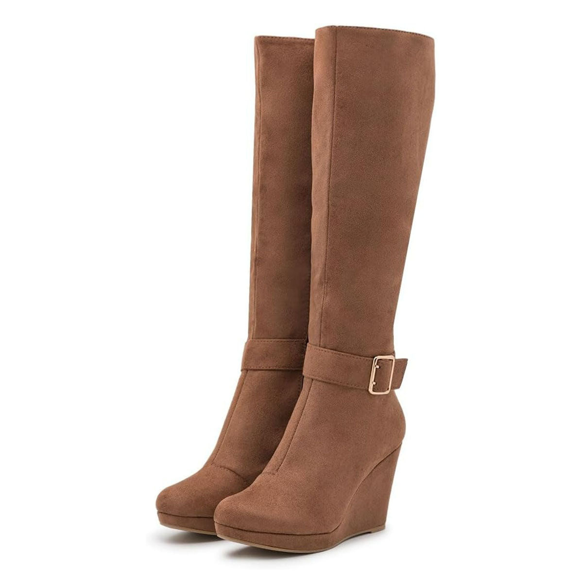 Brown Round Toe Buckle Strap Wedge Heel Platform Knee High Boots