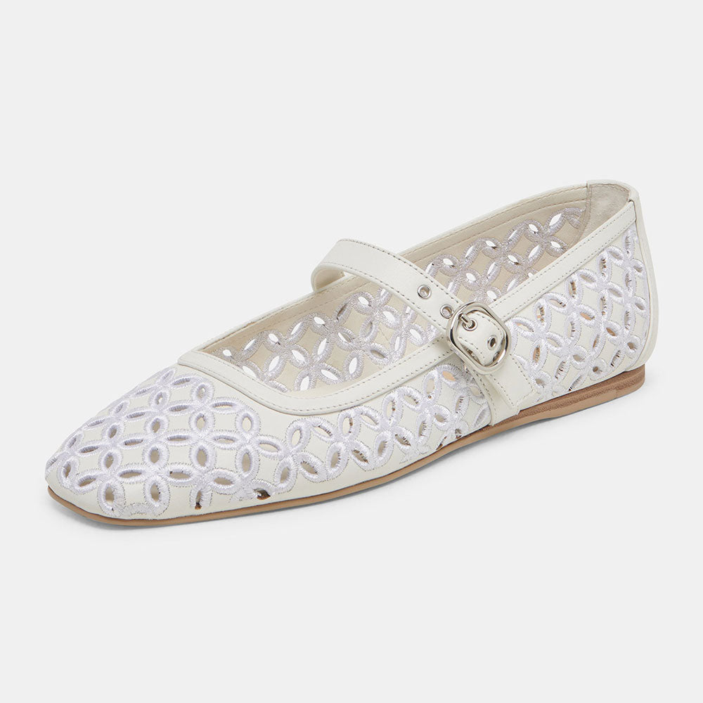 FSJ Casual White Sqaure Toe Cut-Out Ballet Flats with Straps