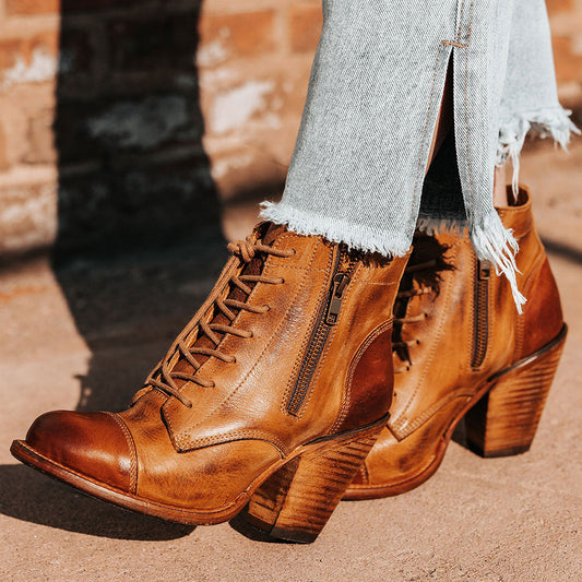 Women's Brown Lace Up Block High Heeled Ankle Boots with Side Zipper