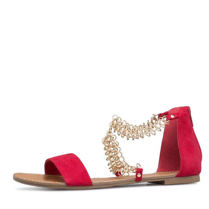 Red Vegan Suede Chain Strappy Summer Sandals Open Toe Flats
