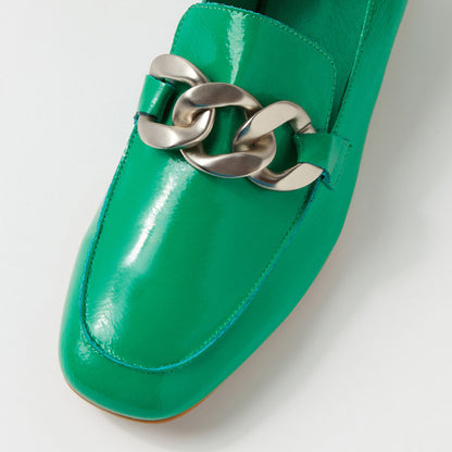 Green Patent Leather Metal Chain Women's Loafers with Block Heel