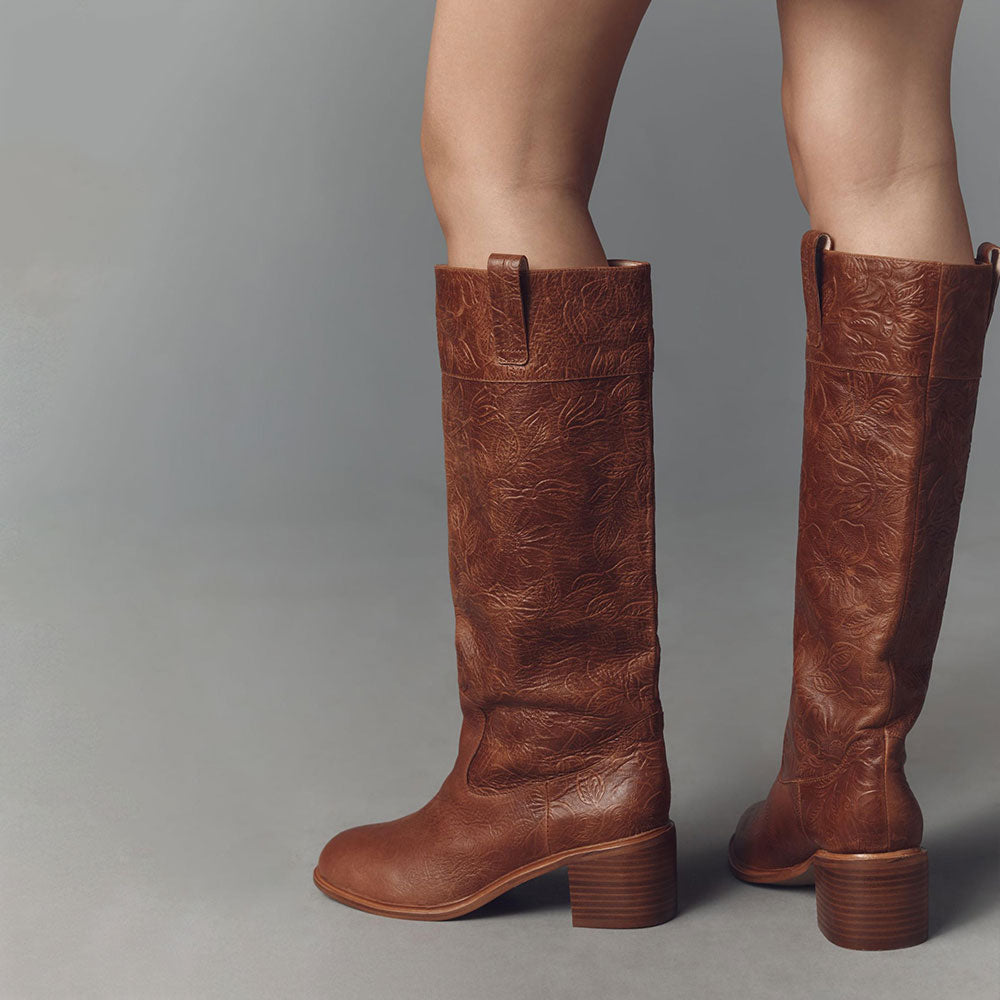 Brown Round Toe Block Heel Flower and Leaves Embossed Knee High Boots