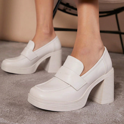 White Vegan Leather Square Toe 3'' Chunky Heel Platform Loafers