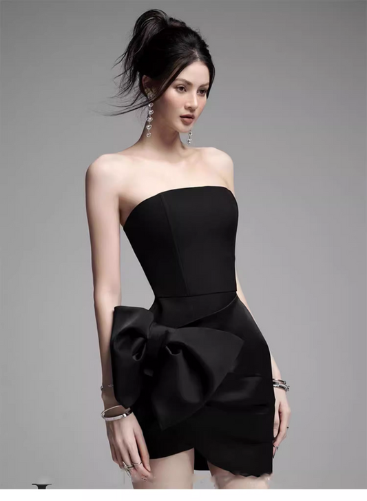 Elegant Black Strapless Bow Design A-line Satin Party Dress Homecoming Dress TP3822