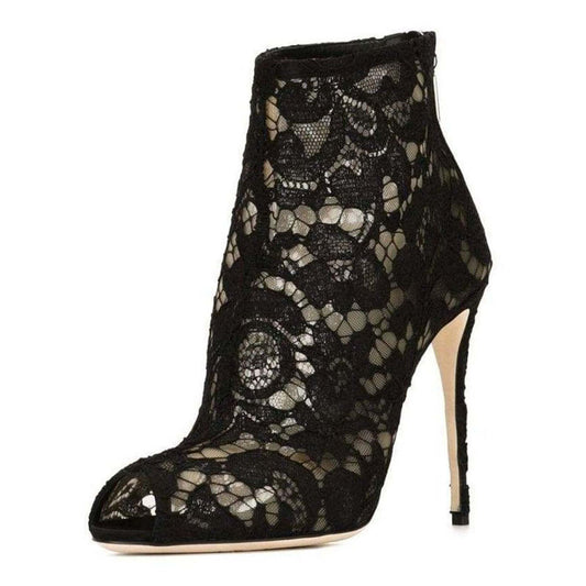Black Floral Lace Peep Toe Booties Elegant Stiletto Heel Ankle Boots