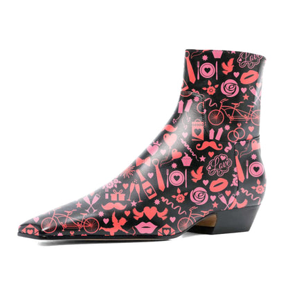 Black & Pink Decorative Printed Square Toe Ankle Boots with Zipper