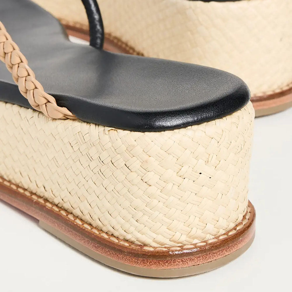 Black & Beige Woven Raffia Square Toe Platform Wedge Sandals for Women