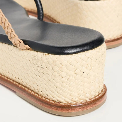 Black & Beige Woven Raffia Square Toe Platform Wedge Sandals for Women