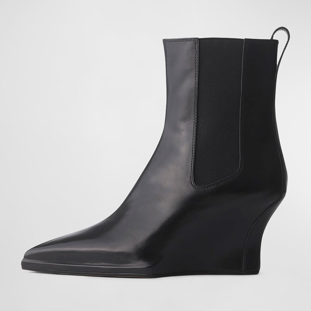 Black Closed Pointed Toe Wedge Heel Chelsea Ankle Boots for Women