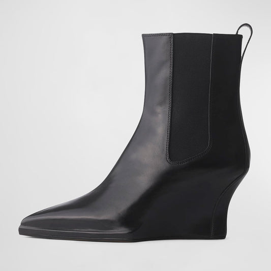 Black Closed Pointed Toe Wedge Heel Chelsea Ankle Boots for Women